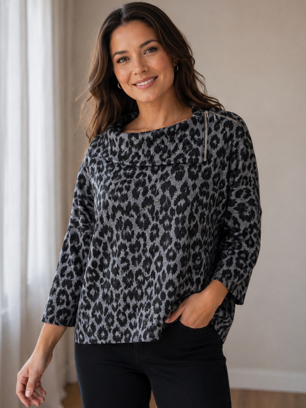 Chico's Black and Gray Leopard Print Women’s Pullover Sweater Size 3 (L/XL)
